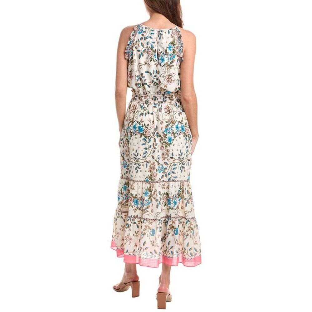 Max Studio Womens Georgette Embroidered Neck Smocked Maxi Dress, White - Picture 2 of 3